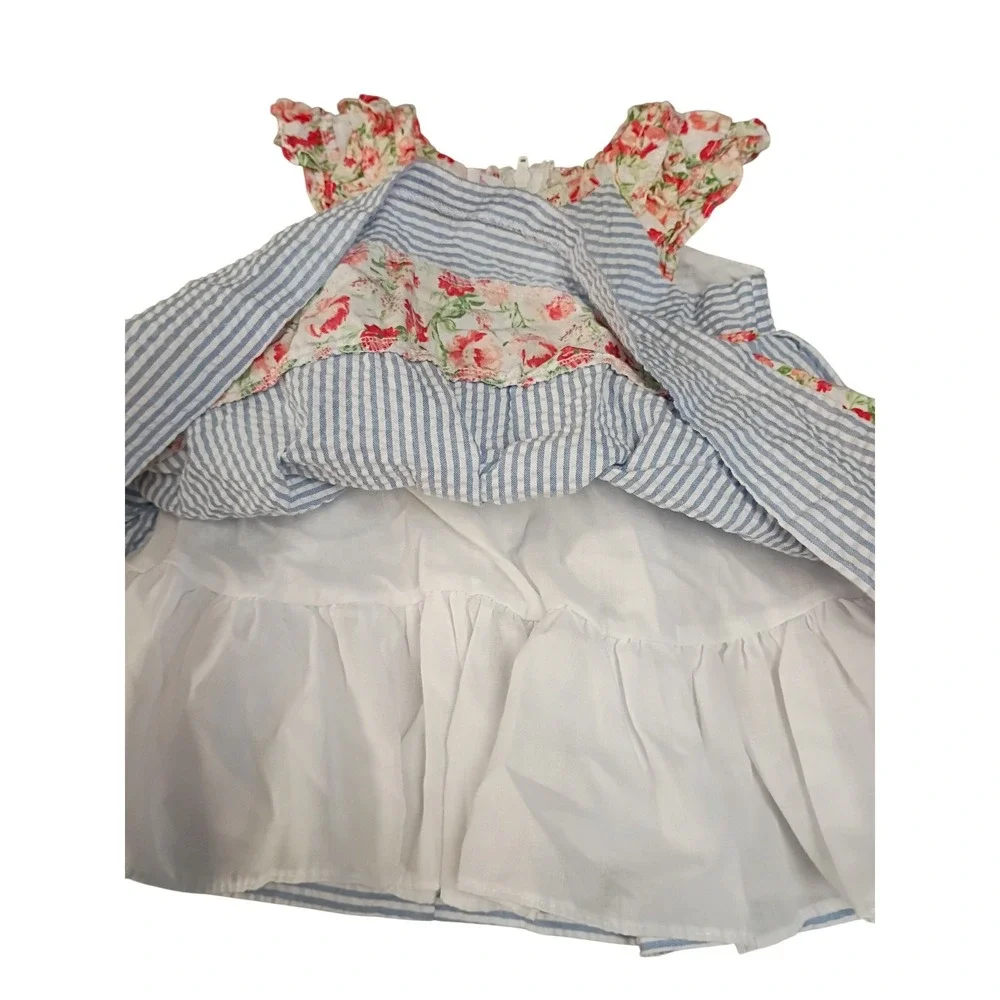 Bonnie Baby Girls Blue Seersucker Floral Striped‎ Bow Dress 3/6M R5-11001-PS